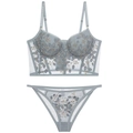 Luxurious French-style light blue lace lingerie set with elegant floral embroidery - S / Gray Blue