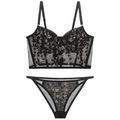 French luxury black lace lingerie set with floral embroidery and longline mesh bra - S / Black