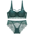 Deep green lace lingerie set with push-up bra and cage straps on a white background - 70A / Top And Bottom / Dark Green