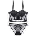 Conjunto de lencería corsé negro sexy con sujetador push-up y braga de malla - 70B / Negro