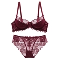 Elegant wine red lace lingerie set with semi-cup bra and matching panties for women - Wine Red Set / 70A