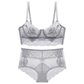 Ensemble de lingerie en dentelle grise avec broderie florale et culotte taille haute - Gris