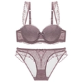 Ensemble de lingerie en dentelle violet grisâtre avec bretelles en mesh à volants - 70A / café