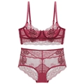 Detail of burgundy floral lace lingerie set with sheer mesh and eyelash embroidery - 70B / Top And Bottom / Red