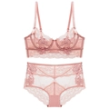 Pink sheer lace bra set with floral embroidery and supportive underwire for women - 70B / Top And Bottom / Pink