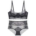 Detailed view of sheer black floral lace lingerie set with breathable mesh texture - 70B / Top And Bottom / Black