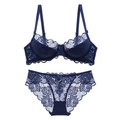 Navy blue floral lace lingerie set with underwire bra and matching panty on white background - 70A / Top And Bottom / Blue