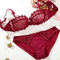 Ensemble lingerie en dentelle brodée rouge vin avec motifs floraux et culotte assortie - 70A / Bordeaux