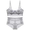 Grey sheer lace lingerie set featuring floral embroidery and underwire support - 70B / Top And Bottom / Gray