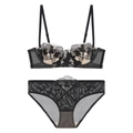 French style black lace lingerie set with floral embroidery and mesh details - 70B / Top And Bottom / Black