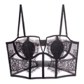 Detail der schwarzen Bustier mit floraler Spitze, Wimpernborte und Stickerei - S / Schwarzes Oberteil