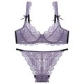 Elegant purple lace lingerie set with floral patterns and delicate black bow accents - 70A / Top And Bottom / Purple