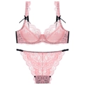 Pink lace lingerie set with sheer embroidery details and black bow accents for women - 70A / Top And Bottom / Watermelon red