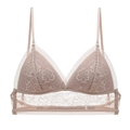 Detail of floral lace triangle cup bra with adjustable straps in beige skin tone - Lace Khaki