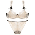 Sexy beige floral lace lingerie set with black trim and bow details in a two-piece design - 70A / Top And Bottom / Beige