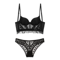 Set di lingerie in pizzo nero con bustino steccato e slip coordinati smerlati - 70A / Nero
