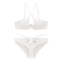 Detail of white satin and eyelash lace lingerie set with crisscross straps and underwire - S / Set / White