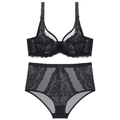 Schwarzes Spitzenunterwäsche-Set mit Bügel-BH und High-Waist-Slip auf weißem Grund - 70B / Schwarz