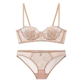 French style floral lace lingerie set with push-up bra and embroidery in pink - 70B / Top And Bottom / Nude