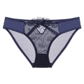 Lace floral embroidery mesh panties in dark blue with ribbon bow on white background - Sapphire Blue