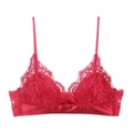 Sultry red lace triangle bralette with wireless thin cotton cups and satin straps - S / Burgundy