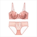 Completo intimo in pizzo rosa con ricamo a farfalla e reggiseno con ferretto - 70B / Rosa