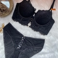 Ensemble de lingerie en dentelle noire avec soutien-gorge corset et culotte taille 75B - Noir / 80D