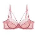 Pink lace underwire bra with floral patterns and V-shaped cross decorative straps - 70A / Pink