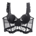 Dettaglio del corsetto in pizzo nero con ricamo floreale e spalline a balze eleganti - Taglia S / Nero