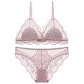 French sexy lace lingerie set with wireless triangle cups and floral eyelash trim - S / Pink