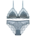 Lace triangle bralette set with wireless thin cotton cups and matching panties in misty blue - S / Blue