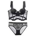 Sexy black lace lingerie set with corset-style bra and ruffled sleeves on white background - S / Black