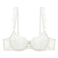 Elegant white lace bra with floral patterns, adjustable straps and rhinestone pendant - White