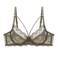Olive green lace bra with floral embroidery and sexy crossover straps on cup front - 70A / Green