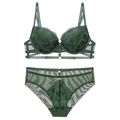 Elegantes dunkelgrünes Spitzen-Dessous-Set mit Riemendetails und passendem Netz-Slip - 70A / Dunkelgrün