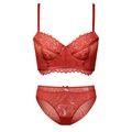 Elegant red French lace lingerie set with push-up bra and matching panties - Red