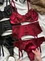 Lace lingerie set with garter belt in wine red and black satin with eyelash details - Red