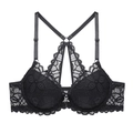 Dettaglio di reggiseno in pizzo nero con chiusura frontale e ricami floreali fini - Nero