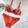 Vibrant orange lace lingerie set with tropical floral print and matching panty - Orange