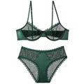 Ensemble soutien-gorge et culotte sexy vert foncé en dentelle et mesh léopard - Vert