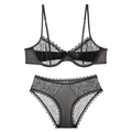 Sexy black sheer mesh lingerie set with leopard flocking and lace trim on white background - S / Black