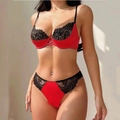 Sexy französisches Set aus Satin und schwarzer Spitze mit Push-up-Bügel-BH und passendem Slip - S / Rot