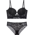 Schwarzes rückenfreies Dessous-Set mit glatten Cups und feinen floralen Spitzenverzierungen - 70A / Schwarz