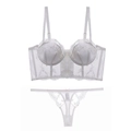 Close-up of white French embroidery lace bustier set with floral mesh patterns - White + Thong