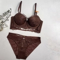 Luxury dark brown lace lingerie set with embroidered push-up bra and cutout panty - Coffee