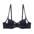 Französischer schwarzer Satin-BH mit transparentem Netzstoff und vorderem Verschluss - 70A / Schwarz