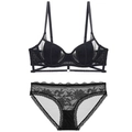 Sexy zwarte kanten lingerieset met zachte beugelbeha en transparante mesh-slipjes - 70A / Zwart