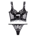 Französisches sexy schwarzes Spitzenunterwäsche-Set mit Blumenstickerei und Rüschen - S / Schwarz