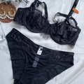 Set lingerie in pizzo ciglia nero stile francese con reggiseno con ferretto e slip - 70B / Nero