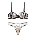Set di lingerie francese in pizzo ricamato nero con tessuto a rete bianca trasparente - 70B / Nero